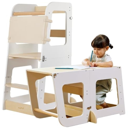 Torre Montessori per Bambini 2-in-1 | Torretta Apprendimento in Legno Naturale - Convertibile in Scrivania & Sgabello - Sicura ed Evolutiva, 12M+ - Teedum®