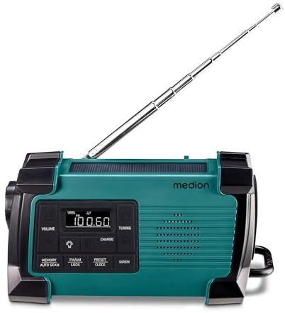 MEDION E66805 Radio con manivela (Solar, manivela de Dinamo, Radio PLL FM, Linterna con protección IPX4 contra Salpicaduras de Agua, función de Emergencia SOS)