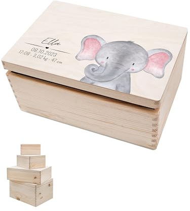 wunderwunsch® - Personalisierte Erinnerungsbox Baby mit Spezial-Druck - Baby Erinnerungsbox - Erinnerungskiste aus Holz - Geschenk zur Geburt (Elefant, S-Klappdeckel)