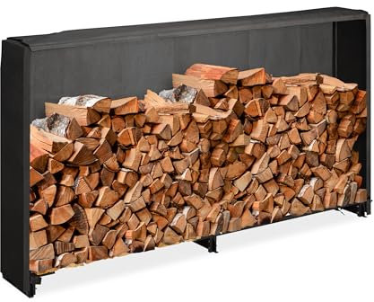 Relaxdays Scaffale Porta Legna da Camino con Telo Protettivo, Portalegna da Ardere, in Ferro, 110 x 200 x 29 cm, Nero