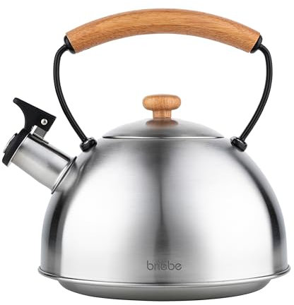 briebe Bouilloire Induction Sifflante, Retro, Acier Inoxydable 2,3 L, Tout Feux: Plaque Vitrocéramique, Gaz, Électrique, Poignée en Bois Cool Touch, Vintage, Pour Thé, Café, Tea Pot, Inox