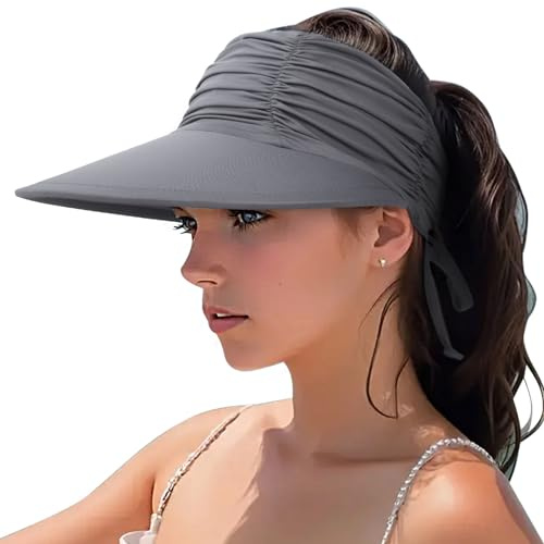 DRESHOW Damen Visor Sonnenhut Breite Krempe Hut Einstellbar Faltbarer Pferdeschwanz Strandhut Sommer UV Schutz Außen Hut UPF 50+