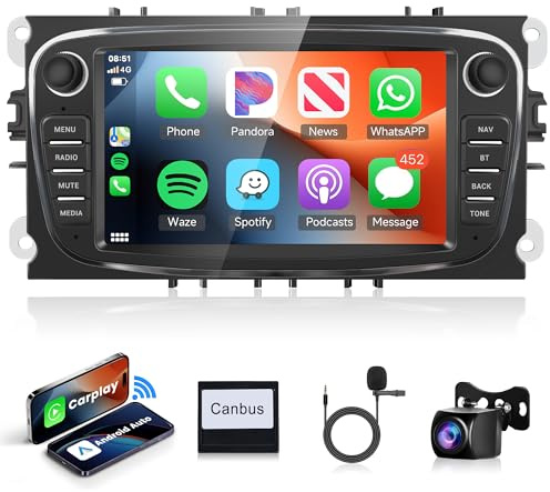 2G + 64G Android bilradio för Ford Focus II mk2 Mondeo S-Max C-Max Galaxy 7 tums bilradio med trådlös Carplay Android bilnavigering, GPS WiFi Mirror länk Bluetooth FM/RDS radio EQ/USB/SWC backkamera