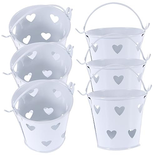 ULDIGI 6pcs Small Decorative Metal Buckets with Handles, White Hollow Mini Storage Buckets for Candy, Snacks, Makeup Brushes, Party Favors, and Desk Organization