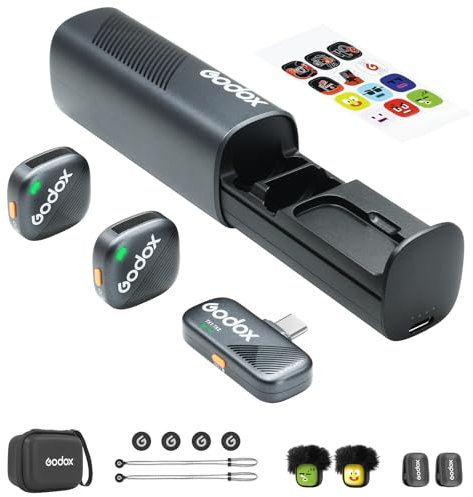GODOX Cube-SC Kit2 Microfono Lavalier senza fili per iPhone 15 e Android,USB C,8H durata della batteria, 2.4G Wireless Mic, 300m (1000ft), Cancellazione del rumore con custodia di ricarica per Vloging
