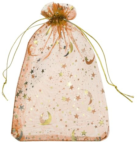 QUARKZMAN Bolsa de Organza, 10 x 15cm Bolsas de Regalo con Corón, con Patrón de Estrella, Bolsitas Regalos Pequeñas para Fiesta, Joyas, Dulces, Bodas Naranja-Dorado 50Pcs