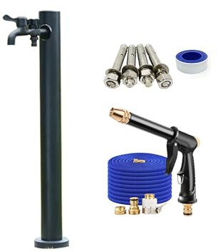 Grifo Exterior Jardin, Columna de Agua Cilíndrica para Jardín, Fuente Anticongelante de Acero Inoxidable para Exteriores, Dispensador de Agua con Hidrante y Grifo de Doble Salida(60cm/24in)
