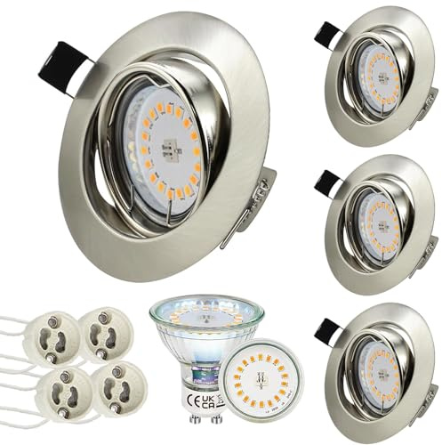 HiBay 4X Downlights GU10 Brushed Chrome Recessed Ceiling Light 30° Tiltable 5W Round Recessed Spot Lights Cool White for Kitchen Office 240V, 90mm Outer Diameter, 70-80mm Cut-Out Holes
