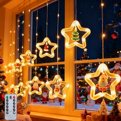 Lichtervorhang Weihnachten, 100 LED Sterne Lichterkette, 8 Modi Lichterkette Aussen mit Fernbedienung Wasserdicht, USB-Betrieben Weihnachtsdeko für Fenster Balkon Wohnzimmer Schlafzimmer Hochzeit