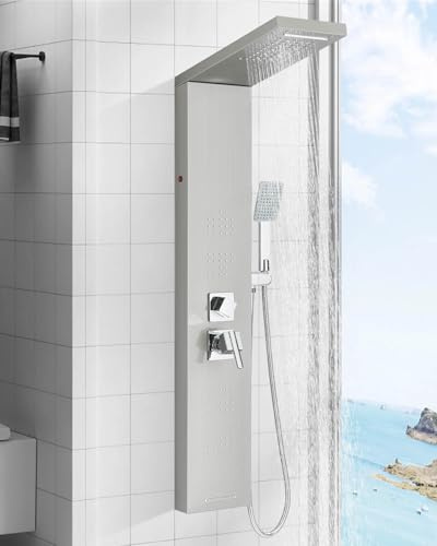 TVTIUO Panneau de douche en acier inoxydable, système de douche avec LED, colonne d'hydromassage avec 5 fonctions, finition brossée.