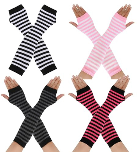 4 Paare Damen Lange Fingerlose Handschuhe, Gestreift Stricken Fingerlose Armstulpen Handschuhe, Gestreift Armwärmer, Y2k Streifen Armstulpen Daumenloch Dehnbare Warme Handschuhe für Herbst Winter