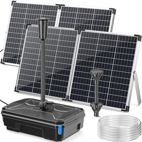 POPOSOAP 120W 6000 l/h Solar-Teichfilter & Springbrunnenpumpe Set | Teichfilter Komplettset mit Tauchpumpe mit 4-stufiger Filterung & 3 Düsen für Gartenteiche, Aquarien und Gart Wasserfälle