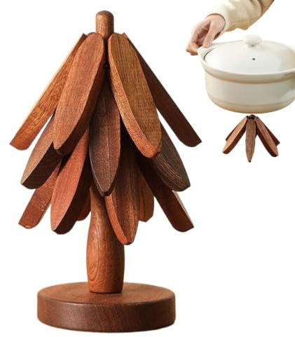 Holzbaum-Untersetzer-Set | Natürlicher Weihnachtsbaum-Untersetzer Mit 4 Holzuntersetzern Und 1 Ständer Wie EIN Weihnachtsbaum, Küchenthekendekoration | Baumförmige Faltbare Hitzebeständige Pads