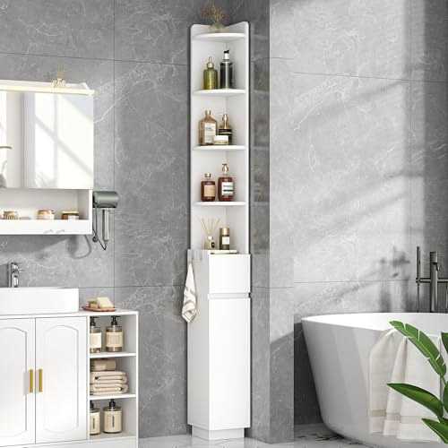 HEXCELEN Badezimmerschrank, Toilettenschrank, 20 x 20 x 185,6 cm Weiß | Eckschrank Badschrank, Schmalem Badregal mit Verstellbarem Einlegeboden, 1 Schublade und 4 Offenen Fächern