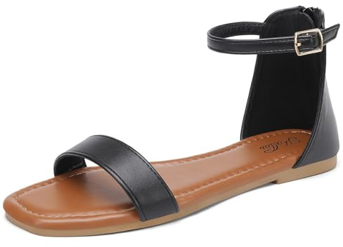 katliu Sandales Femme Été Plates à Brides Zip Arrière Noir 38