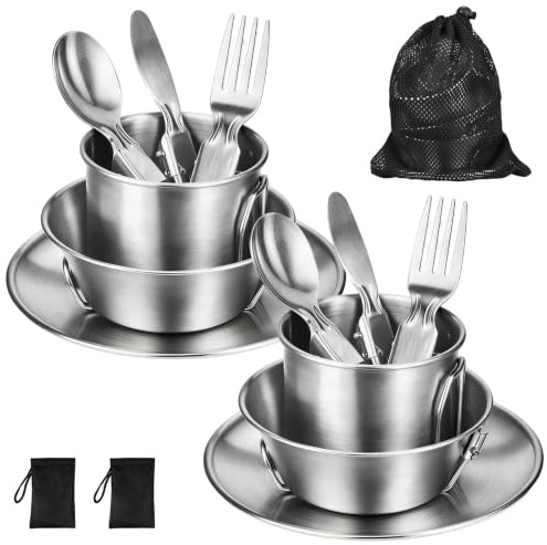 Camping Kochgeschirr Set - Campinggeschirr 2 Personen Set | 304 Edelstahl Camping Geschirr Set für Rucksackreisen, Camping, Wandern und Picknicks