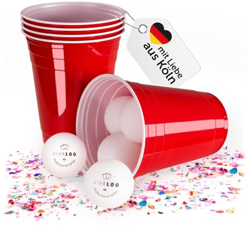 Vivaloo Partybecher 100 Stück + 12 Bälle - 473 ml Plastikbecher wiederverwendbar - Original American Red Cups 100 Stück - Partybecher Hartplastik Becher - Becher Party - Party Becher Plastik - RedCups