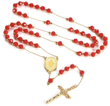 FaithHeart Rosenkranz Halskette Damen Herren Kreuz Kette Edelstahl Auto Rosenkranzkette mit Jungfrau Maria Medaille Lange Gebetskette Halskettenanhänger Rosary Necklace Amulett Schmuck