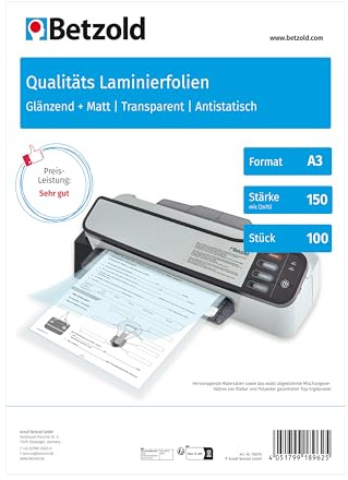 Betzold Laminierfolien DIN A3 | 100 Stück, Laminiertaschen, reiß- und wasserfest, Bürobedarf