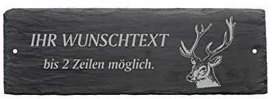 Schild Türschild HIRSCH KOPF Geweih - graviert mit Wunschtext - aus Schiefer - 22 x 8 cm