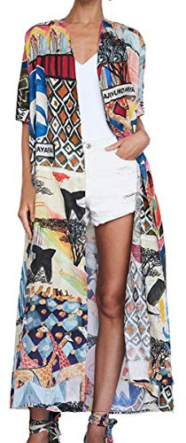 YOUKD Cardigan in Cotone da Donna Kimono Lungo Boemo Costume da Bagno da Spiaggia Coprire Il Vestito Abito Taglie Forti