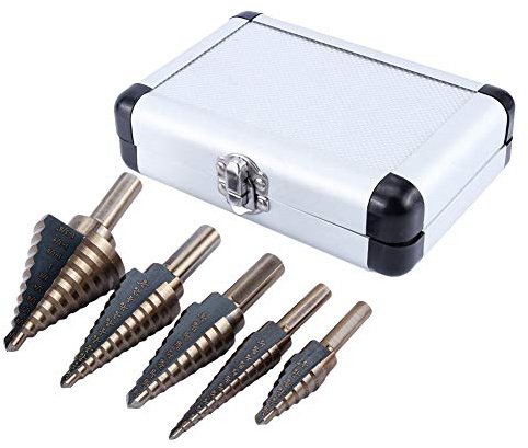 Yosoo Health Gear HSS Stufenbohrer Set, 5-teilig, Titanbeschichtet im Aluminiumgehäuse