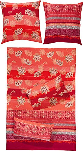 Erwin Müller Flanell Bettwäsche, Bettgarnitur mit orientalischen Blumen-Ornamenten rot Größe 40x80 cm / 155x220 cm - klimaausgleichend, mit Reißverschluss, 100% Baumwolle (weitere Größen)