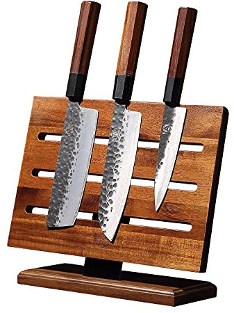 MITSUMOTO Sakari Kitchen Magnetic Knife Block Holder, Japanese Acacia Wood Storage Knife Tool Holder, Enhanced Double-Sided Magnetic Strip Wooden Knife Holder