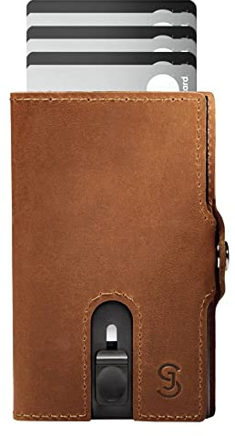 SLIMJACK Smart Wallet mit Münzfach - Kreditkartenetui mit RFID-Schutz - Geldbeutel für Herren - Aluminium-Kartenhalter - Smart Wallet für Karten & Münzen - Hellbraun Leder
