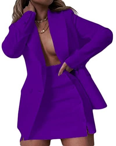 Osheoiso 2 Pièces Ensemble Femme Vintage Blazer Tailleur + Jupe OL Bureau Chic Slim Fit Veste de Costume Mode Jupe Crayon Manteau Blouson Casual pour Travail Business A Violet XXL