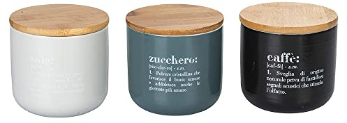 Villa d’Este Home Tivoli Lot de 3 pots à sel en porcelaine et sucre 500 ml avec couvercle en bambou Victionary Blanc + Noir, Medium