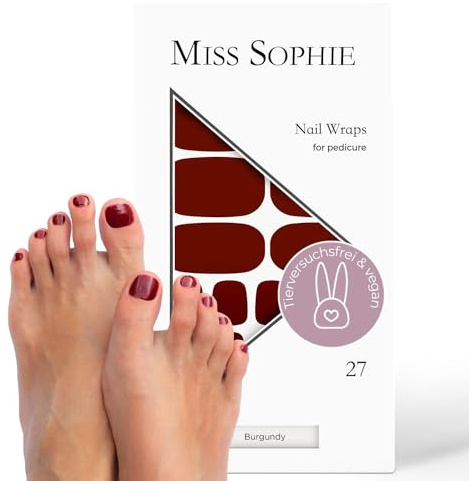 Miss Sophie Pedi Wraps - Burgundy Pedicure - Einfarbig, Rot, Nail Wraps for pedicure - 27 ultra-dünne selbstklebende langanhaltende Nagelfolien