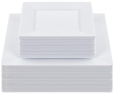 Goodluck 60 Pack Disposable Square Plastic Plates - Heavy Duty Dinner (9.5) & Dessert (6.5) Plates - Fancy for Wedding, Holiday, Birthday - White