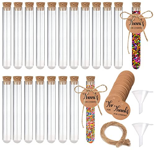 42 Piezas Tubo Ensayo Plástico Probetas Plastico con 42 Tapones de Corcho 50 Etiquetas de Papel Kraft 20 Metros de Cuerda de Yute 2 Embudo - para Flores Regalos Bodas Dulces Sales
