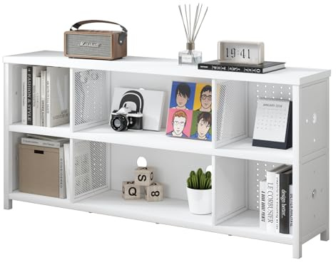 LVB Bücherregal Weiß Bücherschrank mit 8 offene Fächer Standregal mit 2 Ebenen Würfelregal Büroregal Horizontal für Wohnzimmer Büro Arbeitszimmer Kinderzimmer Holz und Metall 34T x 160B x 76H