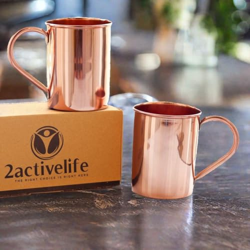 2activelife Copper Mules Moscow Mule PURE Copper Mugs Set of 2 - Handmade of 100% Pure THICK Copper - Straight Smooth Finish – Easy Care Copper Inside - Sturdy Authentic - Holds 16 ounces