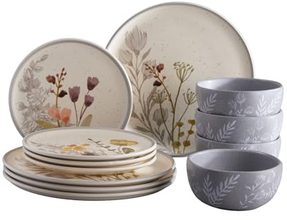 Corona 12–piece Delicate Floral Design Ceramic Dinnerware Sets | Plates and Bowls | Service For 4 | Anastasia