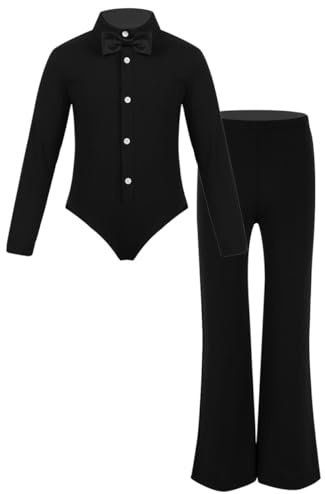 inlzdz Completo da Ballo Bambino Bambina Body Elegante Slim Fit Manica Lunga Camicie Pantaloncini Valzer Tango Cravatta Abbigliamento Danza Classica Latino Samba Rumba Nero 12 Anni