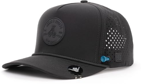 BRIMZ Golf Performance Hat - Breathable Sweat & Water Resistant Golfing Snapback Cap with Tee Holder & Magnetic Ball Marker (Black - Beers & Bogeys)