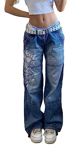 ticticlily Jeans Donna Vita Alta Larghi Pantaloni Denim Y2K E-Girls Stretch Pantaloni Svasati Elastico Gamba Dritta Casuale Harajuku 90s Pantaloni Flare Hipster Hiphop A Blu XS