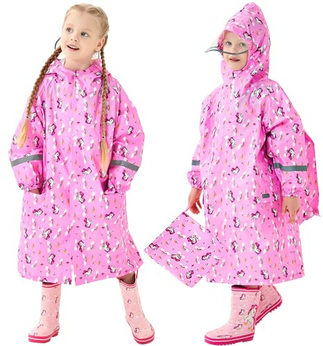 Domueay Imperméable Enfants Poncho Pluie à Capuche Cape de Pluie 3-12 Ans | Respirant Léger Long Vêtements, Filles Garçons Vestes de Pluie avec Capuche Zip de Pluie Randonnée École Camping Cyclisme