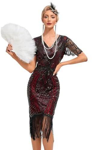 Viloree Vestido Estilo Flapper con Flecos y Lentejuelas de los años 20 con Conjunto de Roaring Accesorios de los años 20 Negro & Rojo (55) S