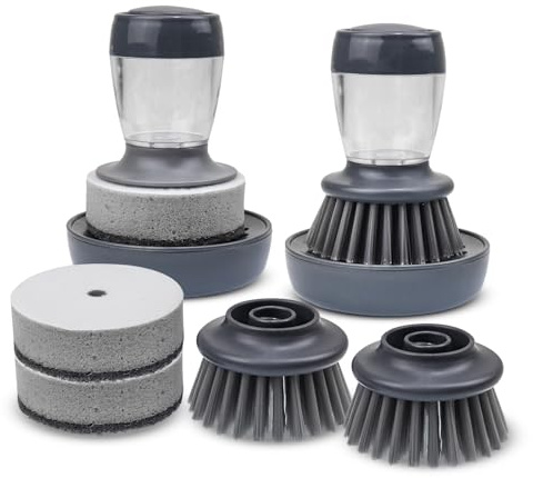 Dish Brush with Soap Dispenser, Dishwashing Heavy Duty Sponge Scrubber Refills Replacement Head, Kitchen Scouring Pad Wipes Scrub Cleaning Brush with Tray for Cleaning Sink, Pots, Pans Grey - 8 Pack