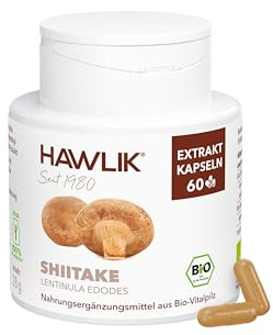 HAWLIK Vitalpilze Shiitake Extrakt Kapseln - 60 Kapseln - Mit Vitamin C - Natürlicher Anbau - Schonende Trocknung - Vegan - Zuckerrohr-Dose