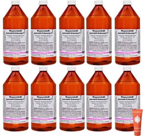 Wasserstoffperoxid Lösung 3%, 10x 1000 ml I Lösung zum Spülen und Wundreinigen I Munddesinfektion I Mundgeruch, Zahnfleischbluten, Mundschleimhautenzündung I Spar-Set plus Pharma Perle give-away