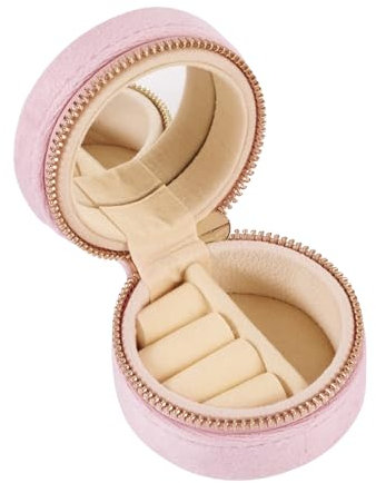 Crafans Mini boîte à bijoux portable ronde en velours avec miroir - Petites boîtes à bijoux de voyage pour bagues, boucles d'oreilles, petites boîtes de rangement à fermeture éclair pour bijoux pour