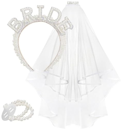 Perlen Brautstirnband und Schleier, einschließlich Perlen-Brautstirnband + Kammschleier + elastisches Perlenarmband, geeignet für Heiratsantrag, Verlobung, Hochzeit, Junggesellenabschied, Brautparty