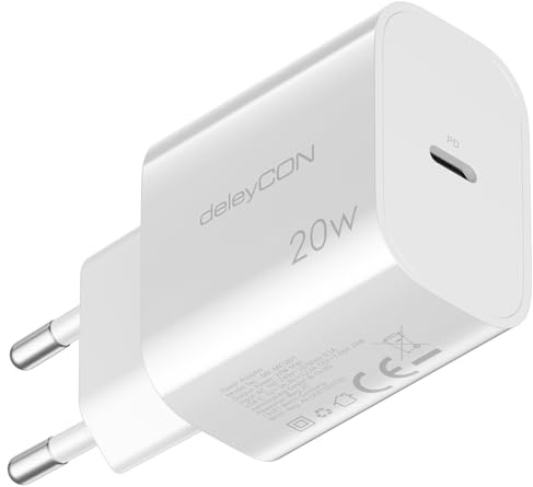 deleyCON USB C-Laddare (Snabbladdare) USB-C-Strömförsörjning för iPhone 17 16, 15, Pro, Pro Max, IPad, AirPods 4, Airpods Max, Watch, Galaxy S25/S24/S23, Pixel, Mobiltelefon, PD 3.0-Laddare - Wit