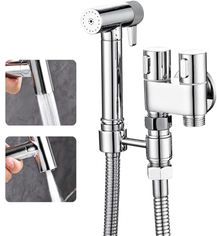 WRKMH Bidet Handbrause Chrom 2 Funktionen Handbrause Toilette Messing Wandmontiert Bidet Armaturen mit 1.2m Duschschlauch, Eckventil mit Einem Einlass und Zwei Auslassen
