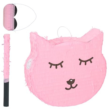 Relaxdays Katzen Pinata, mit Stab & Maske, Partypinata Kinder, Geburtstag, zum Befüllen, HxBxT: 34 x 37 x 9,5 cm, rosa